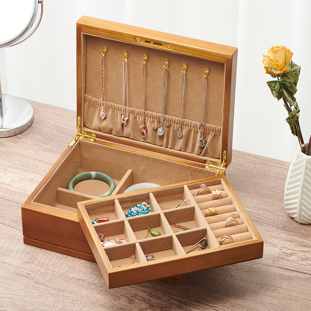 Vintage Style Exquisite Solid Wood Double Layer Ring Earring Necklace Watch Jewelry Storage Box with Lock