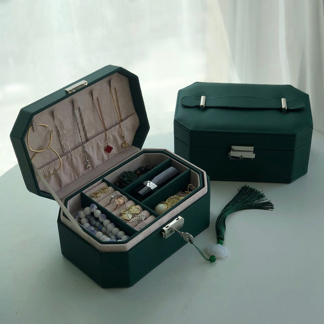 Luxury Custom Green Pu Leather Ring Necklace Bracelet Travel Size Jewelry Gift Packaging Box with Velvet Insert Green for Travel