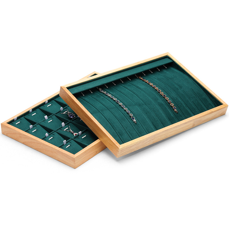 Customized Green Velvet Jewelry Display Jewellery Tray Display Bracelet Earrings Pendant Necklace Trays Wooden Ring Box