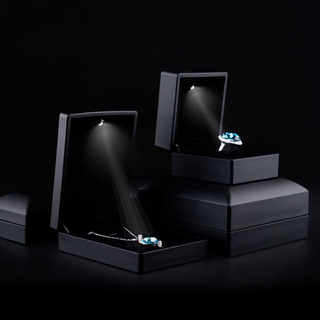 Custom rubber paint black jewelry box finger ring Led light ring box for wedding ring jewelry box