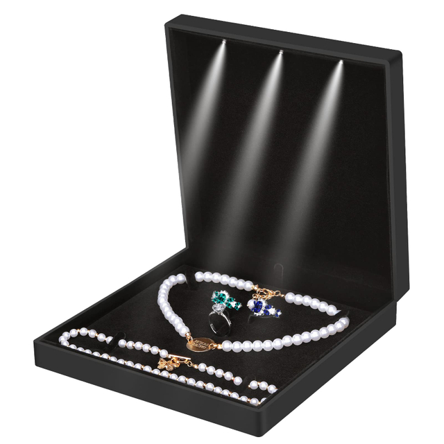 Wholesale Stock Black PU Leather Bracelet Jewelry Display Storage Packaging Box With Stitching Led Light 