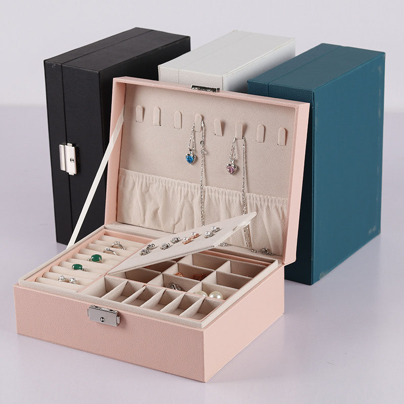 High-end Lockable Leather Rings Earrings Dustproof Portable Travel Jewelry Storage Box Large Capacity Display Box 