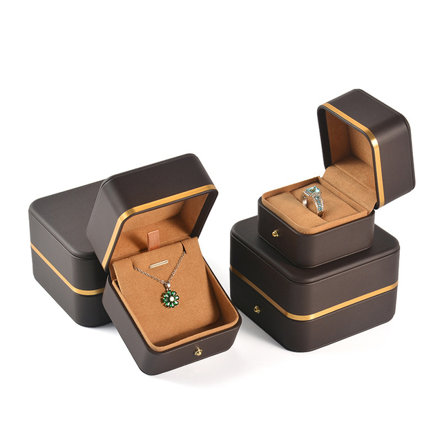 Premium Gold Edge Brown PU Leather Ring Pendant Bracelet Necklace Watch Jewelry Gift Packaging Box With Velvet Lining