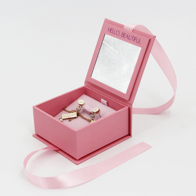 Custom Logo New Style Magnetic Closure Paper Ring Necklace Jewelry Packaging Box with Foam Insert And Mirror Wholesale
