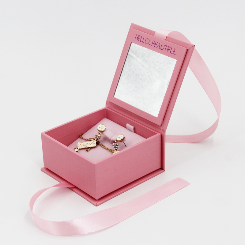Custom Logo New Style Magnetic Closure Paper Ring Necklace Jewelry Packaging Box with Foam Insert And Mirror Wholesale