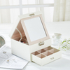 European Style Pu Leather Simple Double Layer Jewelry Earrings Ring Necklace Storage Box with Mirror Wholesale