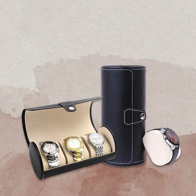 Amazon Hot Sale Custom Logo Black 3 Slots Cylinder PU Leather Watch Travel Storage Box Wholesale