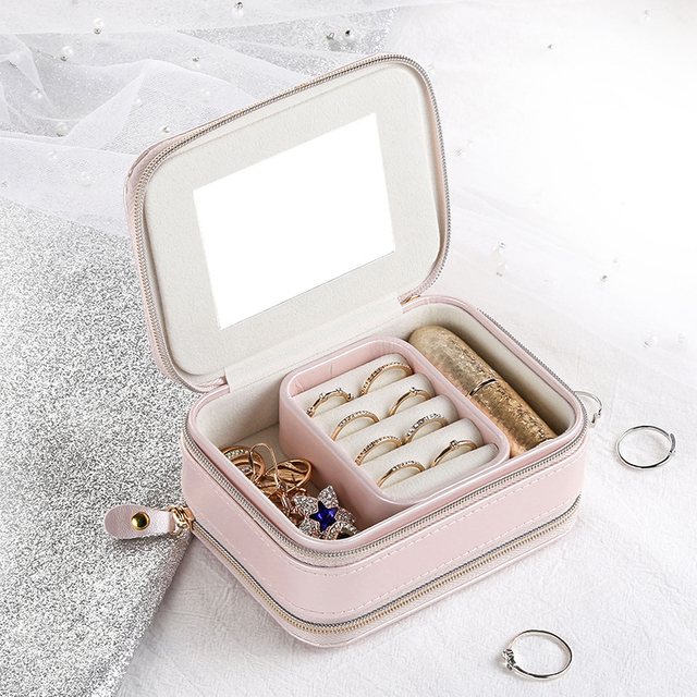 Simple Zipper Pu Leather Portable Two Layers Travel Necklace Earrings Ring Jewelry Lipstick Storage Box with Mirror