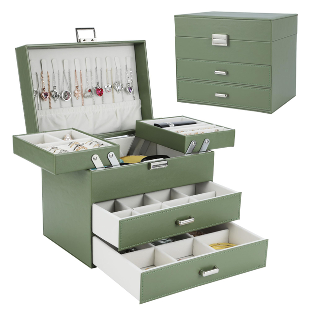 Custom Logo Large Capacity PU Leather Covered 3 Layer Travel Jewelry Ring Organizer Drawer Storage Box with Lock 