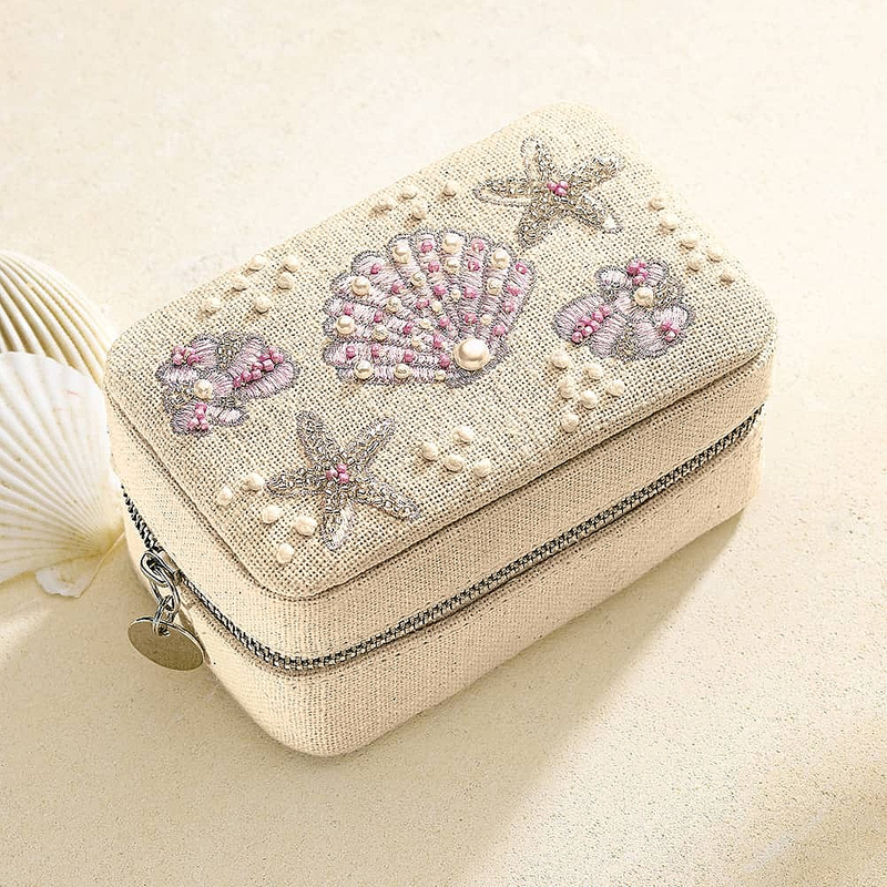 Mini Cute Portable Travel Jewelry Ring Storage Cloths Box Zipper Packaging Embroidered Box Pearl Seashell Star Jewelry Box