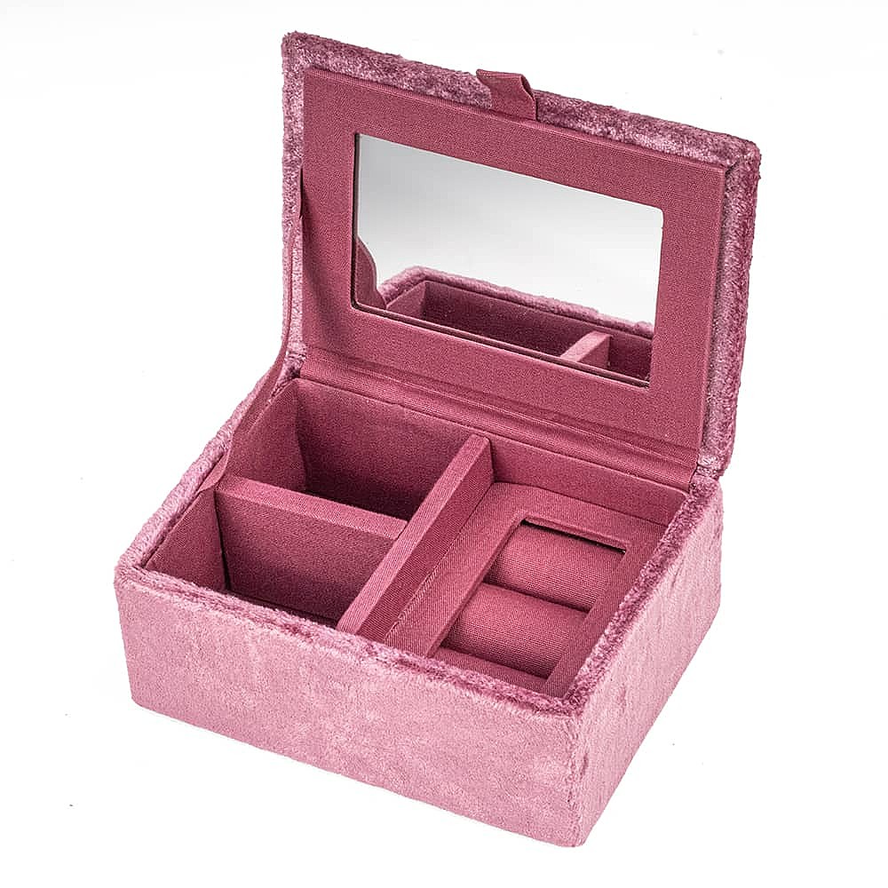 Custom Logo Princess Pink Jewelry Box Packaging Mirror Hand Embroidered Cute Velvet Ring Organizer Box Gift for Girlfriend Women