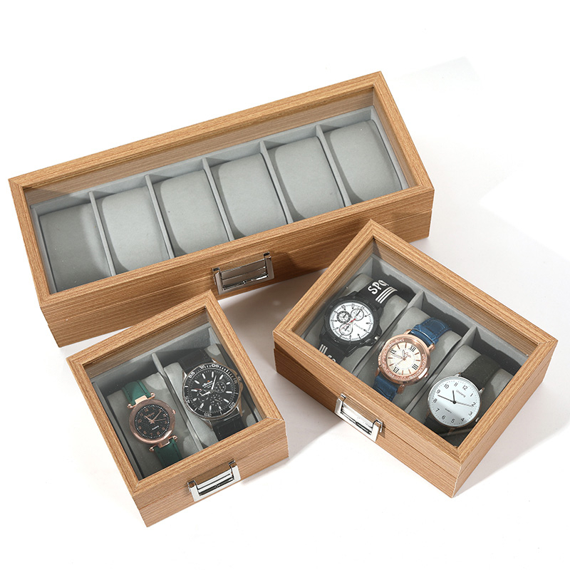 Luxury wooden watch organizer storagebox custom logo luxury watch gift packaging box with pillow insert and clear window