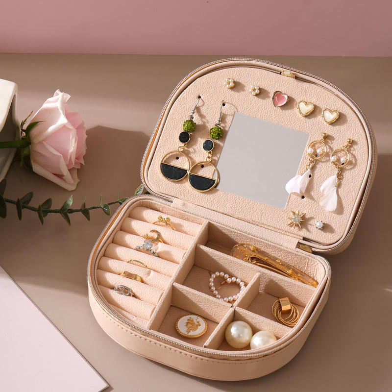 Travel Jewelry Case Small Portable Seashell-shaped Jewelry Box PU Leather Mini Jewelry Organizer with Mirror 