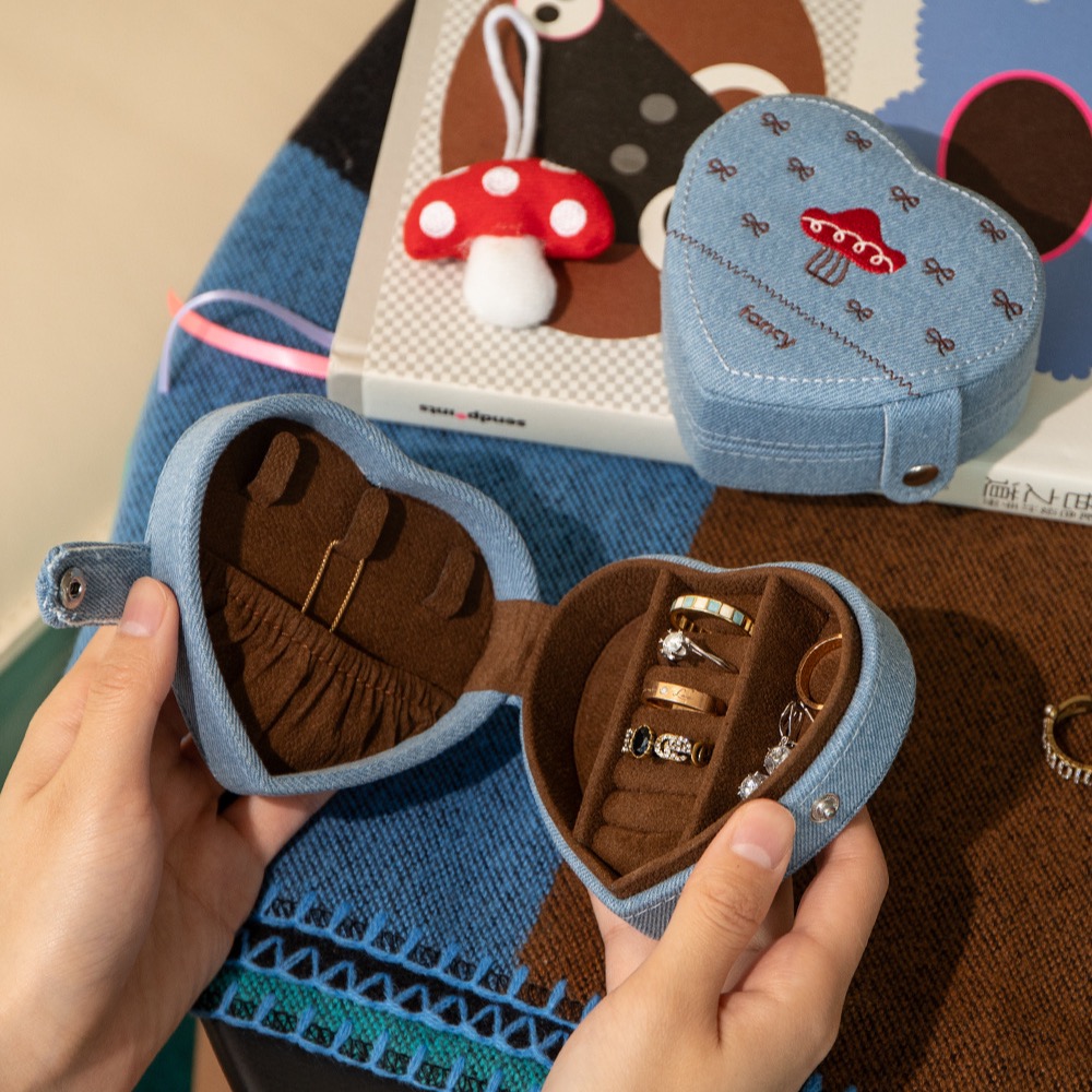 Cute Mushroom Embroidered Jewelry Packaging Box with Logo Heart Denim Jewelry Storage Box Earring Ring Necklace Jewelry Box