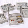 Simple Single Layer Velvet Jewelry Necklace Ring Earring Storage Display Box Wholesale with Glass Window and Divider