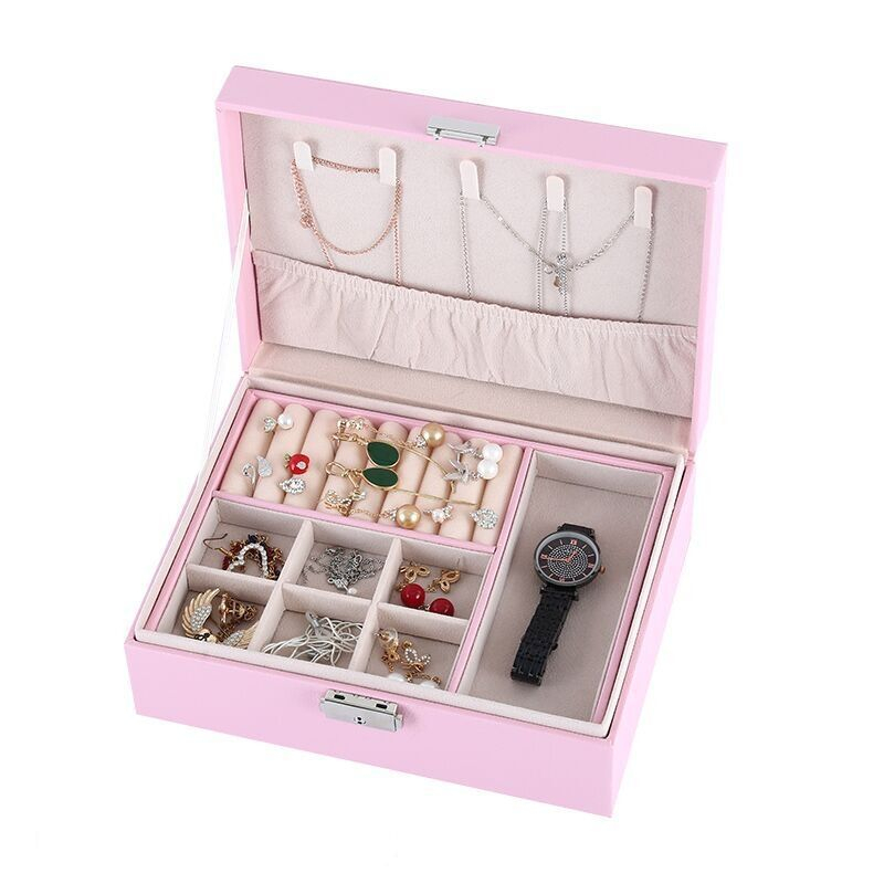 Luxury Double Layer Large Capacity PU Leather Ring Necklace Earring Bracelet Watch Jewelry Gift Storage Box with Metal Lock