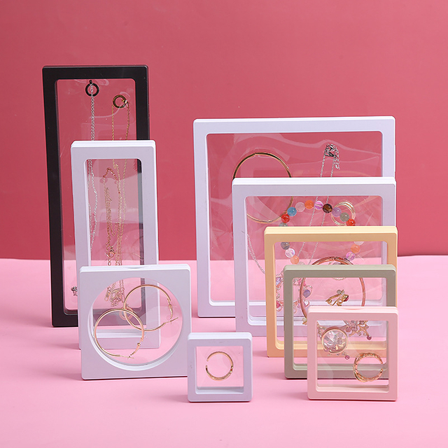 Wholesale Clear PE Film Frame 3D Floating Box Necklace Ring Jewellery Display Case Storage Jewelry Box Packaging With Logo 
