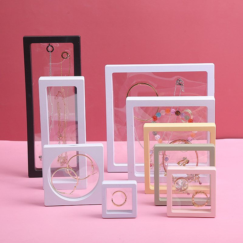 Wholesale Clear PE Film Frame 3D Floating Box Necklace Ring Jewellery Display Case Storage Jewelry Box Packaging With Logo 