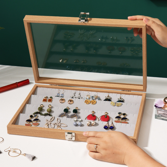 Solid Wood Ear Stud Earrings Watch Bracelet Display Tray Ring Bracelet Storage Arrangement Box With Cover And Window