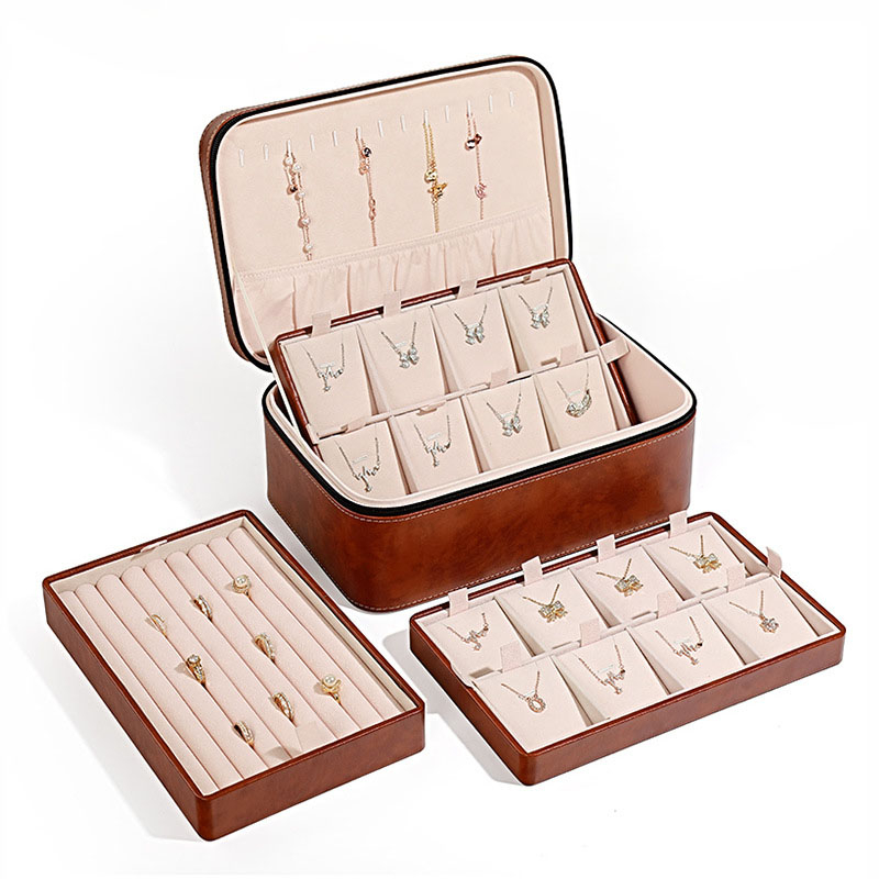 Custom Luxury PU Leather Three Layer Makeup Organizer Cosmetic Earrings Necklace Ring Jewelry Display Storage Box Zipper