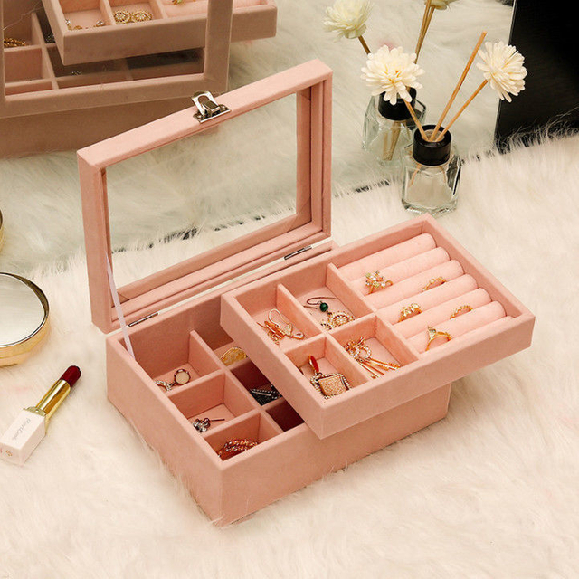 Simple Dust-proof Multi-function Double Layer Velvet Jewelry Ring Necklace Earring Organizer Storage Box with Clear Window