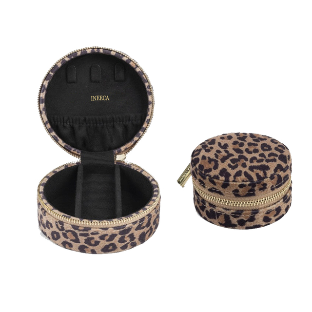 Zipper Leopard Print Jewelry Ring Gift Boxes Fabric Velvet Embroidered Logo Women's Earring Organizer with Two Compartments