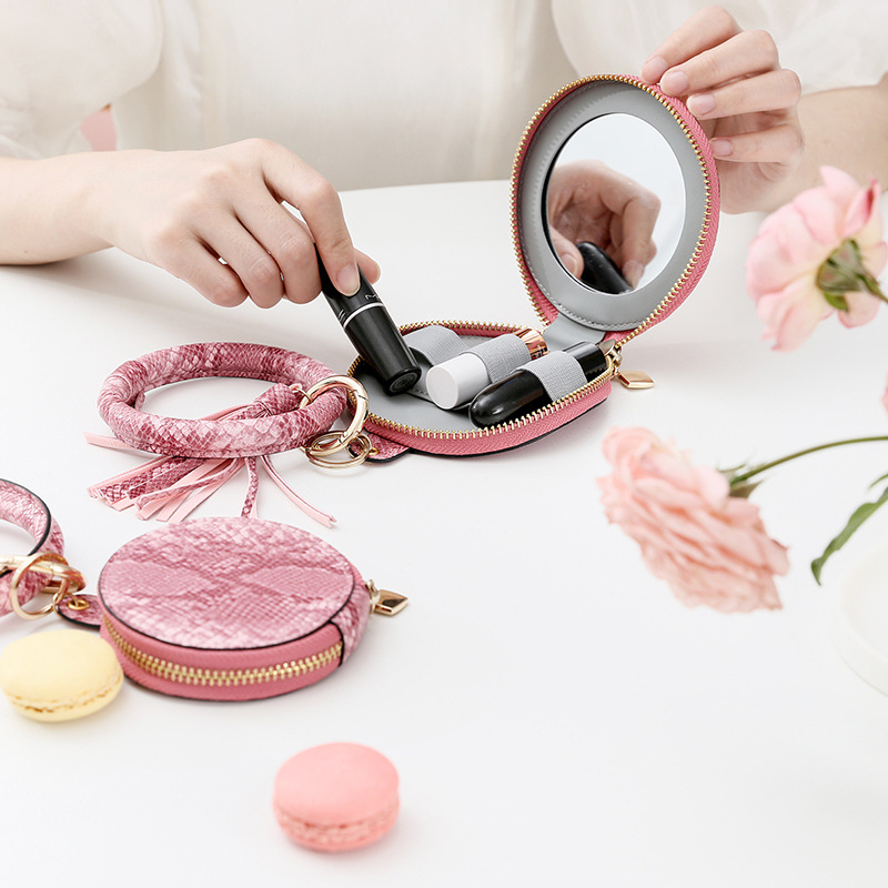 Portable zipper Round Shape Jewelry Necklace Ring Box Velvet Jewelry Gift Boxes makeup box With mirror