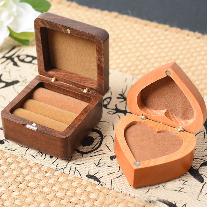 Wood Ring Box Luxury Single Heart-shaped Square Ring Gift Jewelry Packaging Box