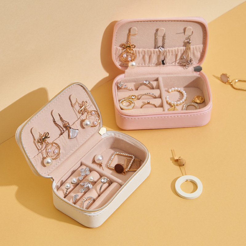 Leather necklace earrings rings package custom logo pink mini portable travel gift storage box jewelry