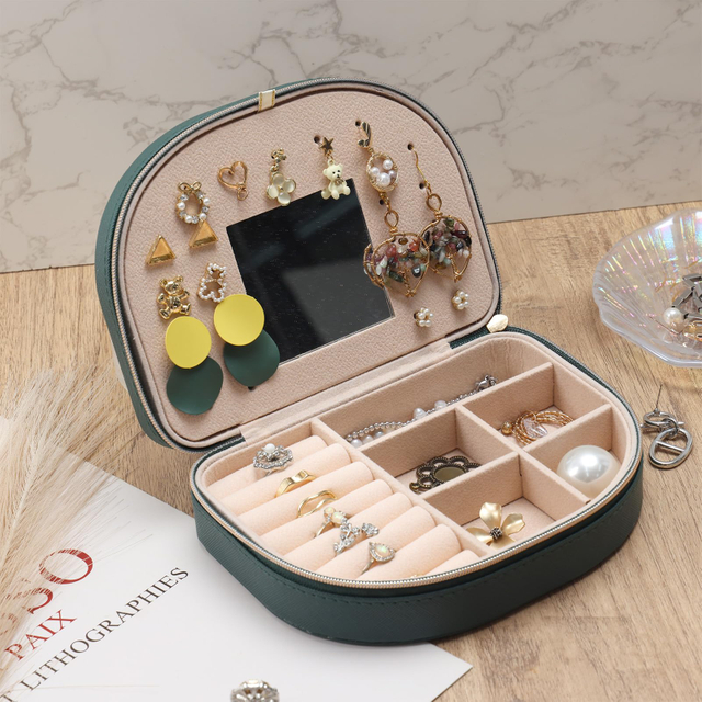 PU Leather Zipper Ring Holder Box Mini Jewelry Organizer Travel Jewelry Case Box with Mirror 