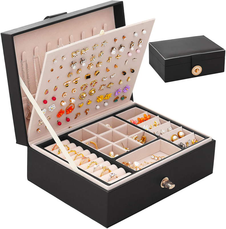 Custom 2 Layers Portable PU Leather Lockable Ring Earings Necklace Jewelry Organizer Storage Box for Travel 