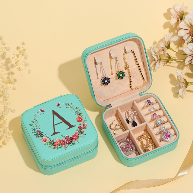 Monogram Ring Leather Travel with Mirror Jewelry Box Small Jewelry Travel Organizer Box Multi-colored White Zipper Mini Jewelry 
