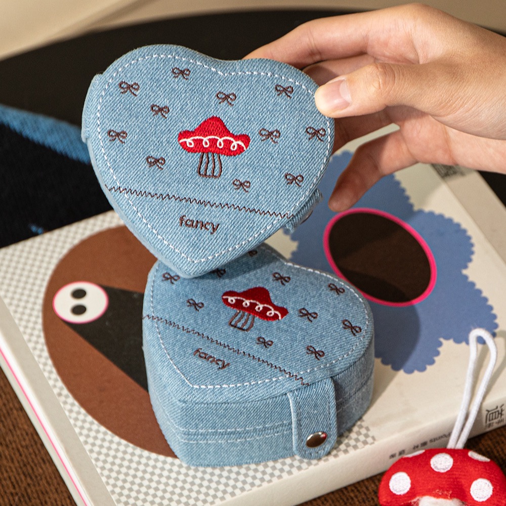 Cute Mushroom Embroidered Jewelry Packaging Box with Logo Heart Denim Jewelry Storage Box Earring Ring Necklace Jewelry Box