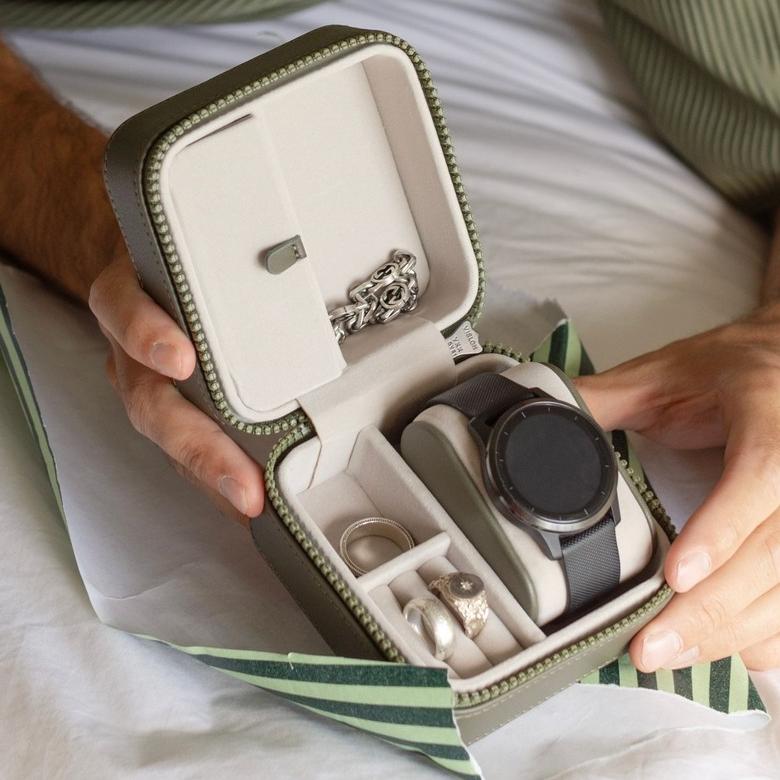 Luxury Elegant Square Canvas Watch Jewelry Packing Travel Boxes Green Leather Ring Earring Jewelry Storage Box Set for Men Women