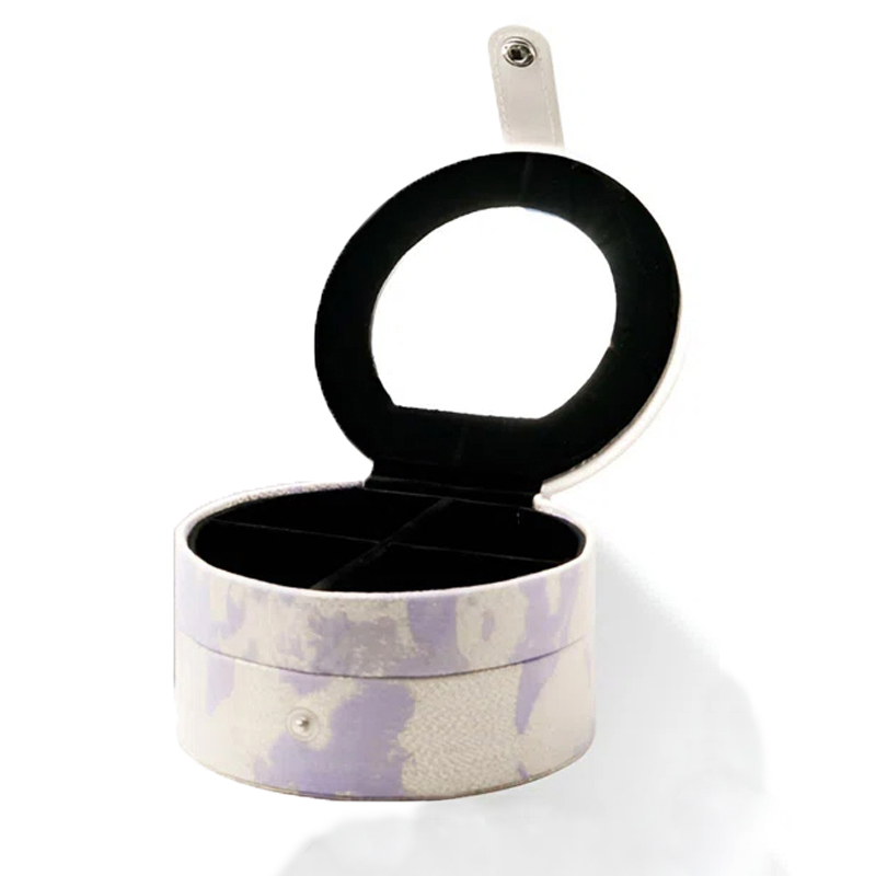 Premium Purple 2 Layered Circular Jewelry Box Packaging with Mirror Portable Jacquard Leather Ring Earring Jewelry Storage Box