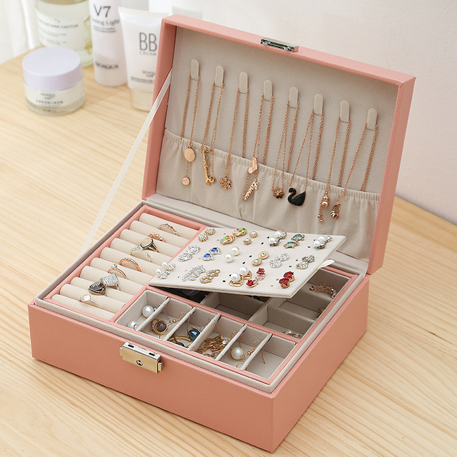 Custom Two Layers Ring Earring Necklace Gift Box Small Travel Jewelry Case Storage Box PU Jewelry Organizer With Lock 