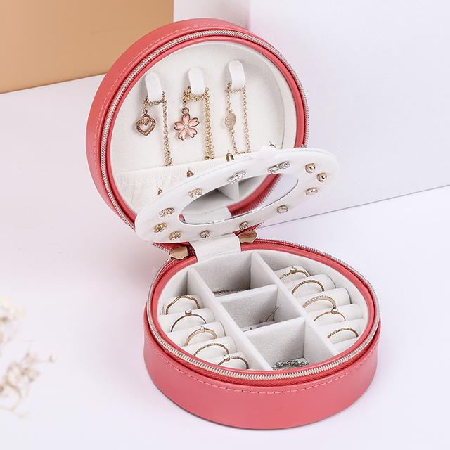 New Small PU Leather Sweet And Fresh Double Layer Round Portable Zipper Jewelry Ring Necklace Earring Storage Box with Mirror