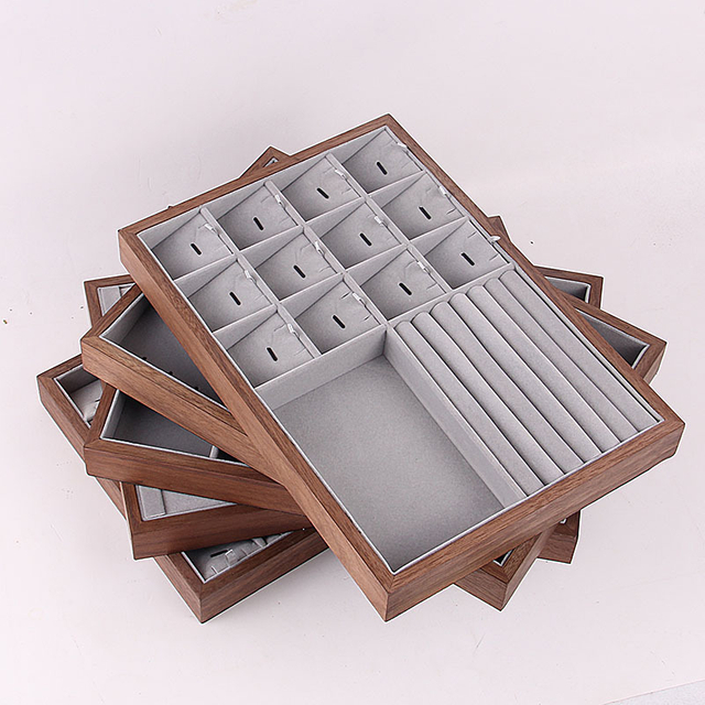Walnut Wood Watch Ring Necklace Bracelet Jewelry Storage Tray Velvet Lined Jewelry Display Tray