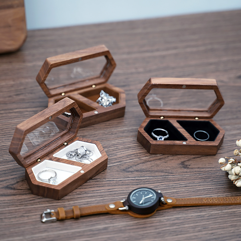 New Transparent Glass Window Black Walnut Wood Proposal Ceremony Wedding Ring Box Desktop Storage