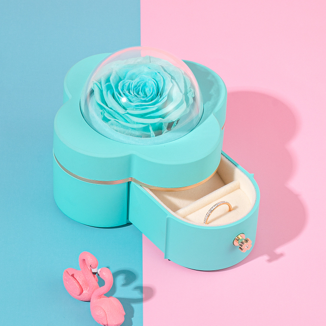 Hot Selling Creative Lucky Four Leaf Clover Shape Immortal Flower Ring Pendant Valentine's Day Gift Package Box with Transparent Cover