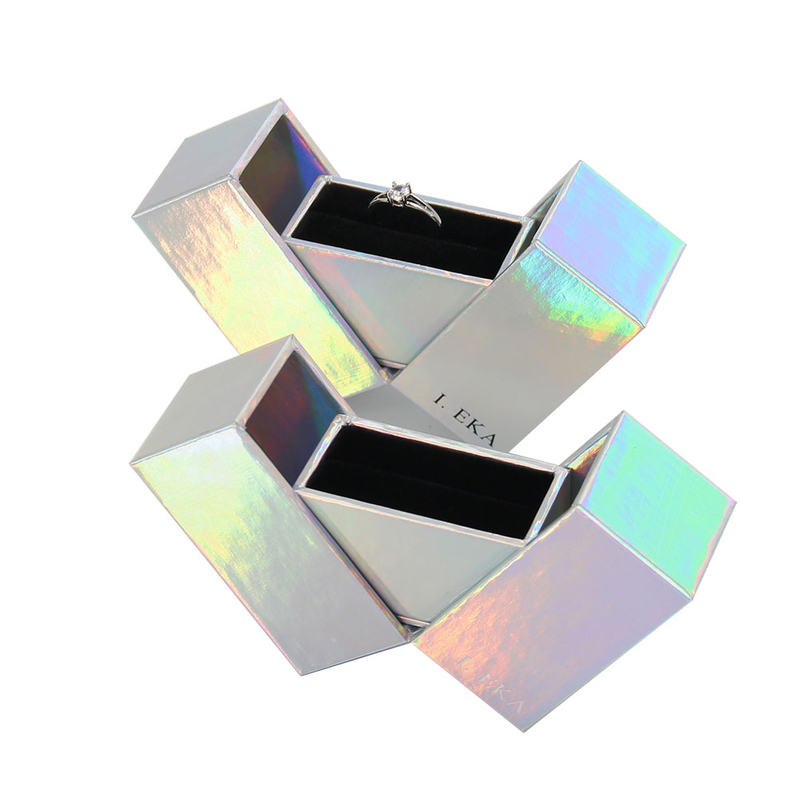 Custom Creative Laser Color Paper Cardboard Double Open Ring Jewelry Gift Packaging Box with Custom Logo Wholesale