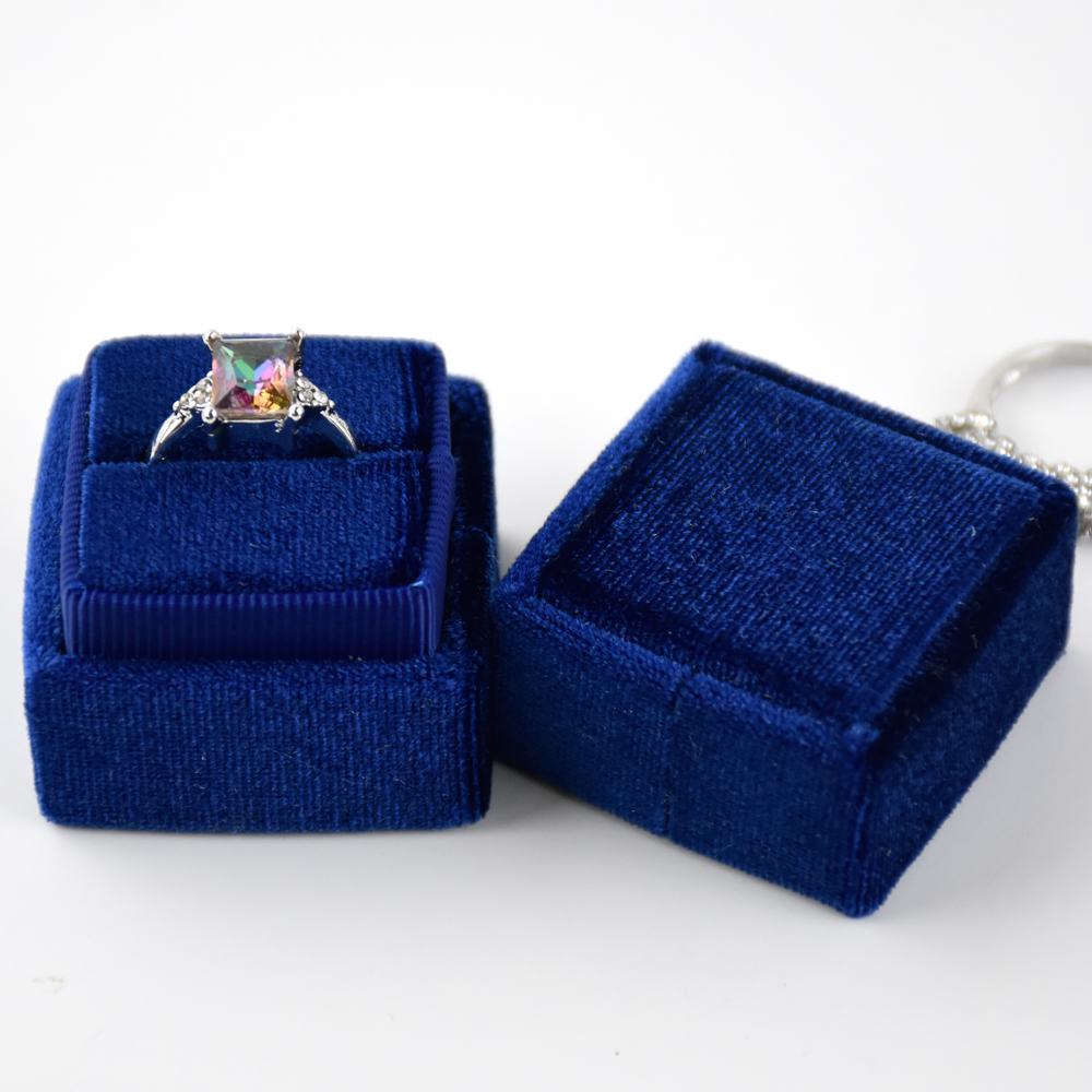 Elegant Luxury Square Shape Navy Velvet Fabric Blue Ring Boxes Jewelry Wedding Proposal Gift Ring Display Packaging Box