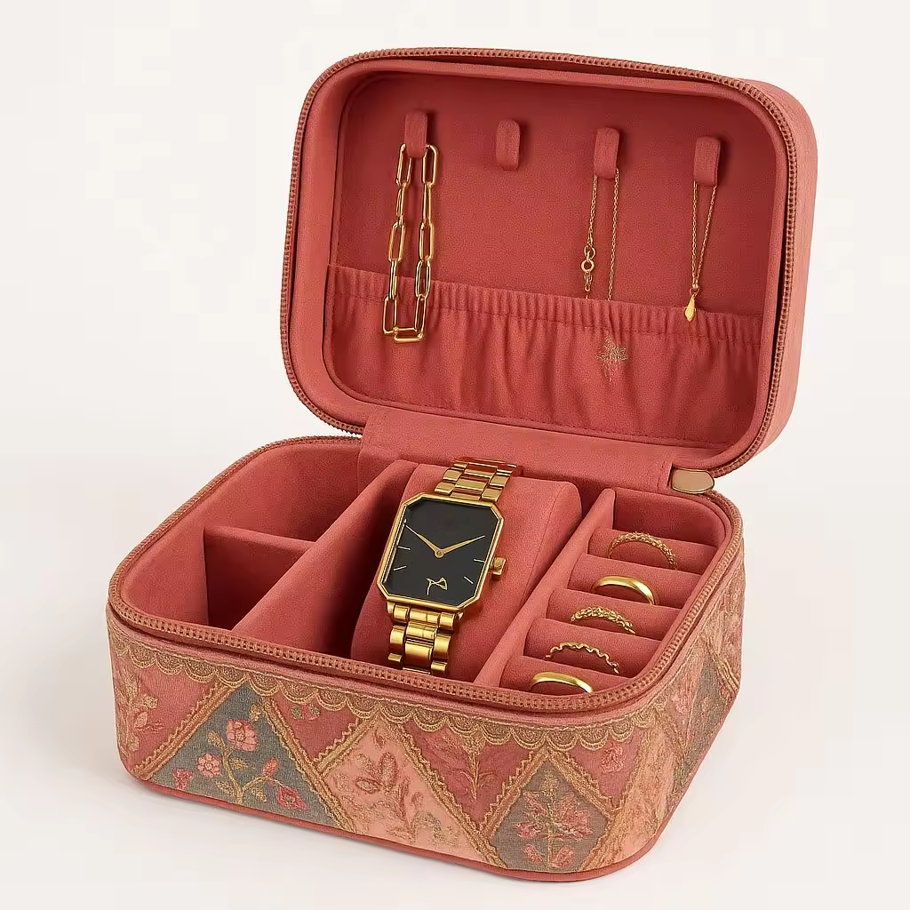 Custom Jewelry Zipper Box Organizer Fabric Vintage Embroidery Ring Earring Watches Case Luxury Pendant Necklace Box Packaging