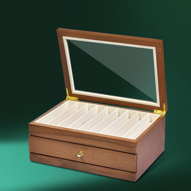 Custom Logo Drawer Jewelry Box Wood Watch Display Box With Mirror And Clear Glass Window