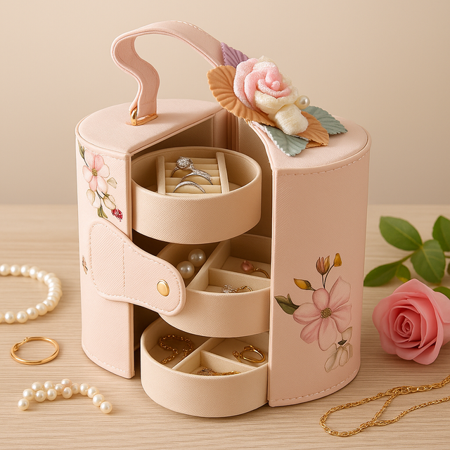 Personalized Jewelry Packing Box Rotating 3 Layer Jewelry Organizer Box Earring Bracelet Necklace Jewelry Box with Pearl Handle