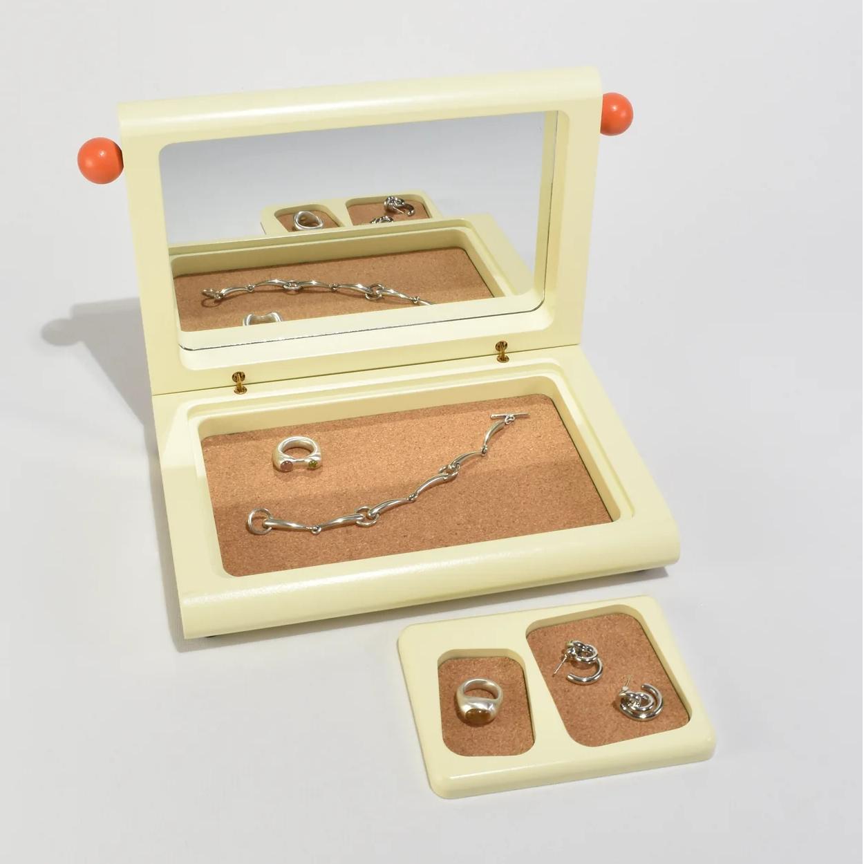 Personalized Blue Mirror with Jewelry Packing Box Wood Earring Ring Necklace Jewelry Storage Box with Mini Detachable Trays