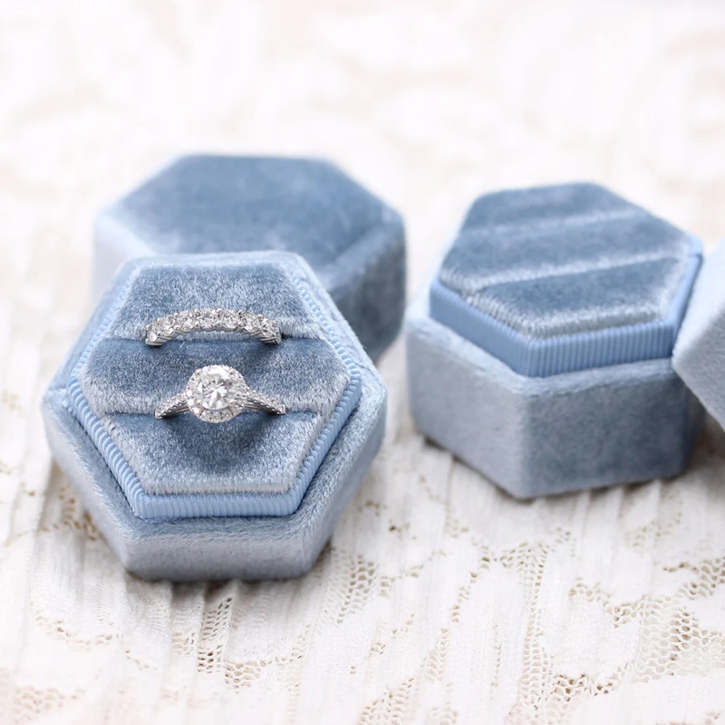 Custom Jewelry Packaging Gift Color Velvet Double Hexagon Ring Box Handmade Lovely Color Ring Box Engagement Velvet Ring Box