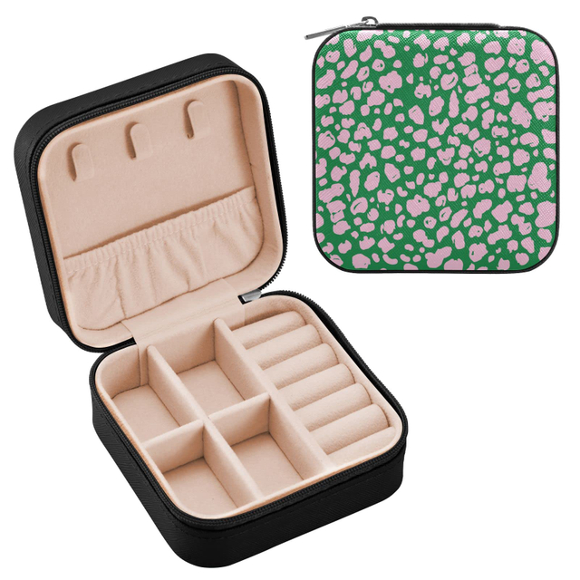 Custom Logo Square Pink Green Leopard Print Jewellery Packaging Organizer Zipper Case Mirror Velvet Jewelry Box 