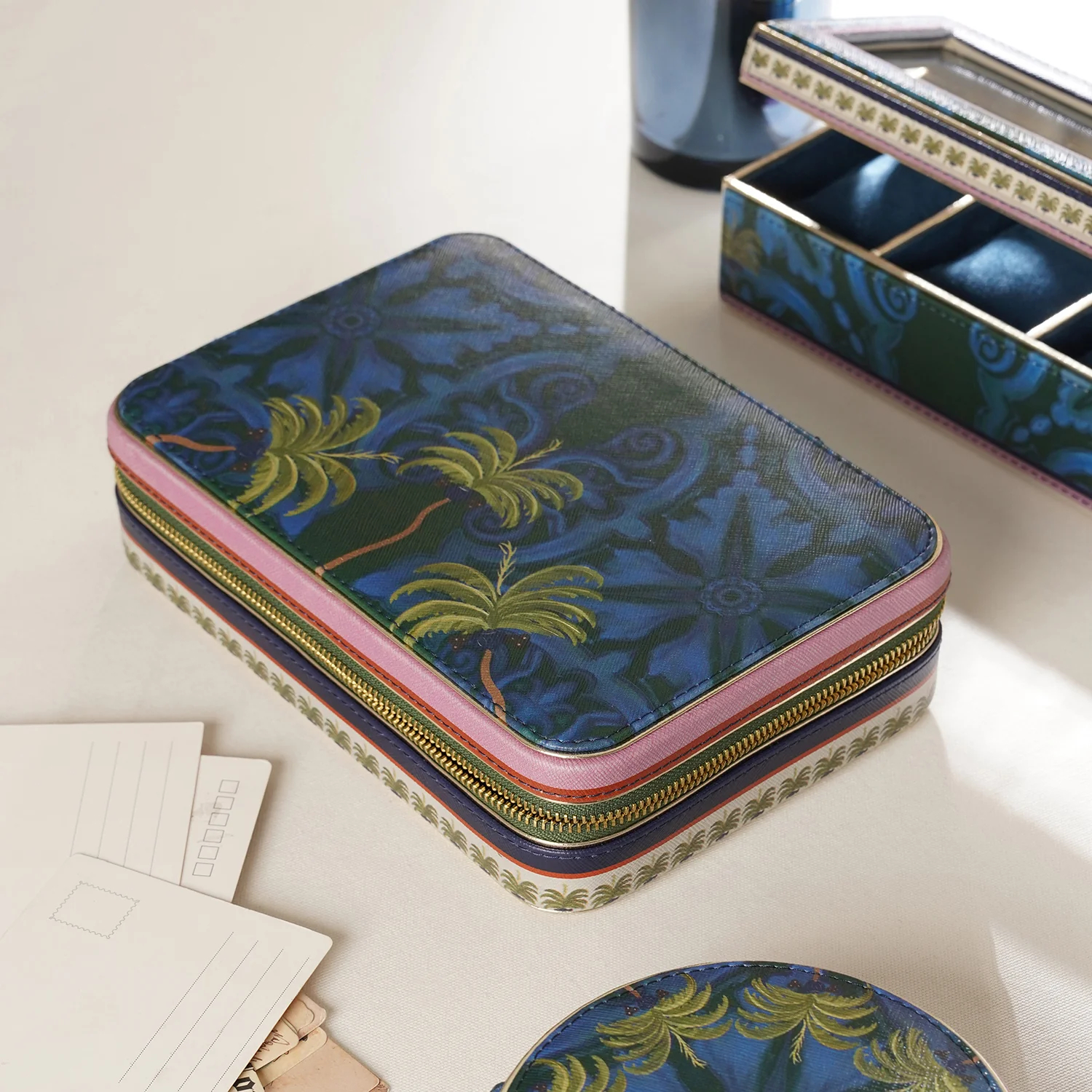 Blue Palms Print Leather Travel Jewelry Gift Box