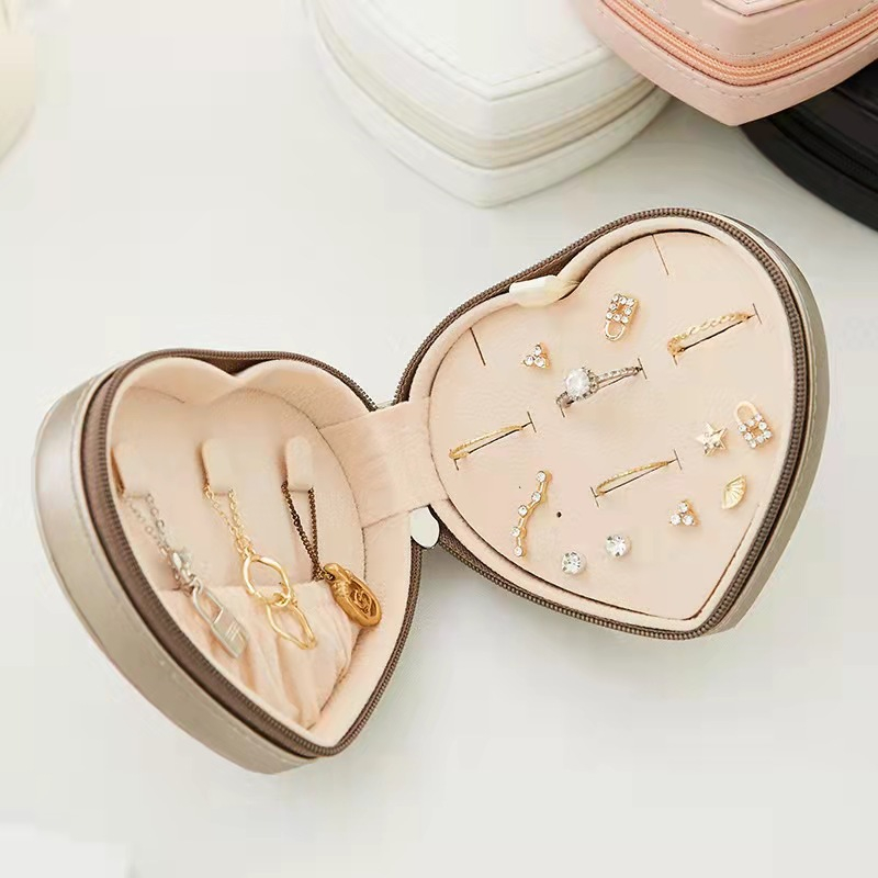 Small Heart Shaped PU Leather Portable Stud Earrings Ring Necklace Jewelry Box Wholesale With Zipper